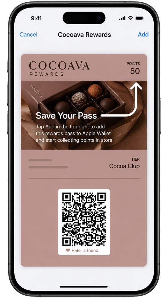 Cocoava Rewards onboarding pass with save instructions