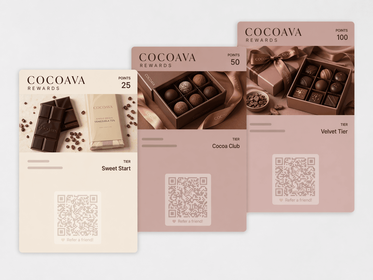 Cocoava Rewards loyalty pass showing Bronze, Silver, and Gold tiers in Apple Wallet